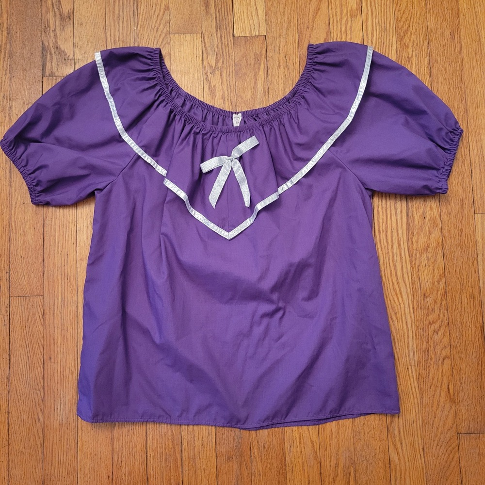 Malco Modes M Peasant Top Purple Silver Trim Puff Sleeve Vintage Prairie Cowgirl